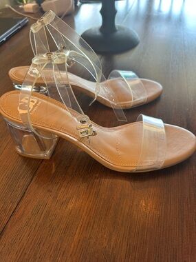 Clear Strap Block Heel Sandals in Nude